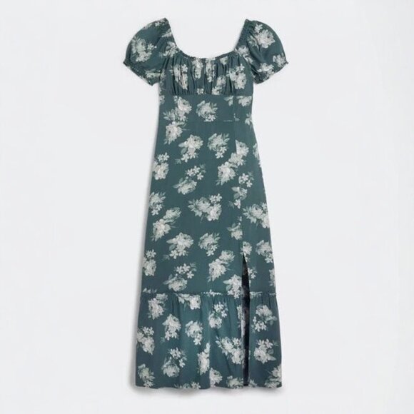 Hollister On or Off the Shoulder Floral Green & White Midi Dress with Split Hem - Picture 1 of 6